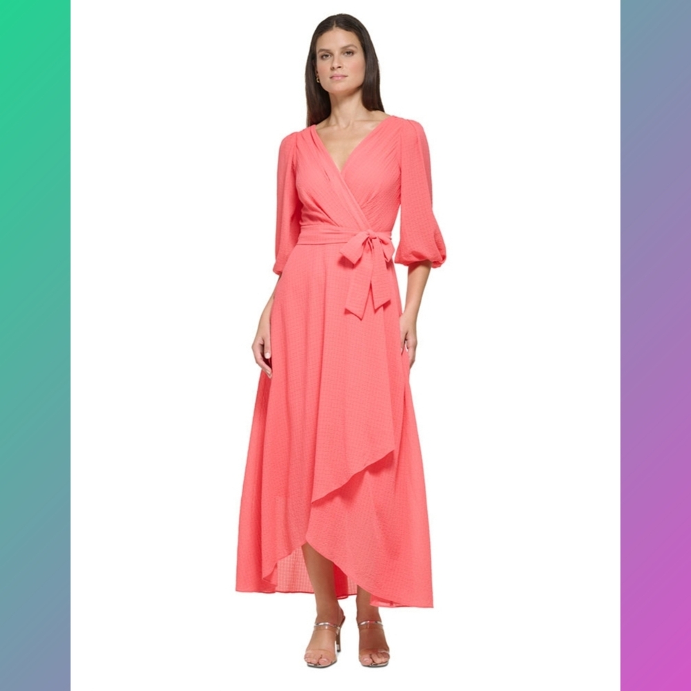 DKNY Coral Balloon-Sleeve Faux-Wrap Midi Dress
